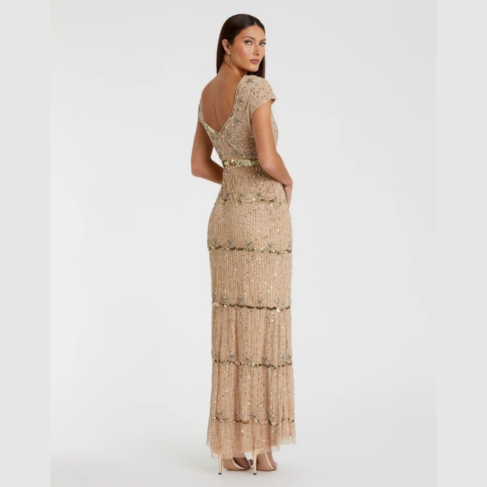 $698 Mac Duggal Size 4 Beaded Sequin Nude Beige Gold Long Column Gown Maxi Dress - Picture 6 of 6